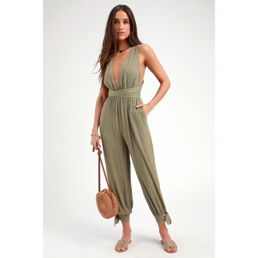 Lulus Lolinda Washed Olive Green Halter Jumpsuit - Size S Sage Green Open Back